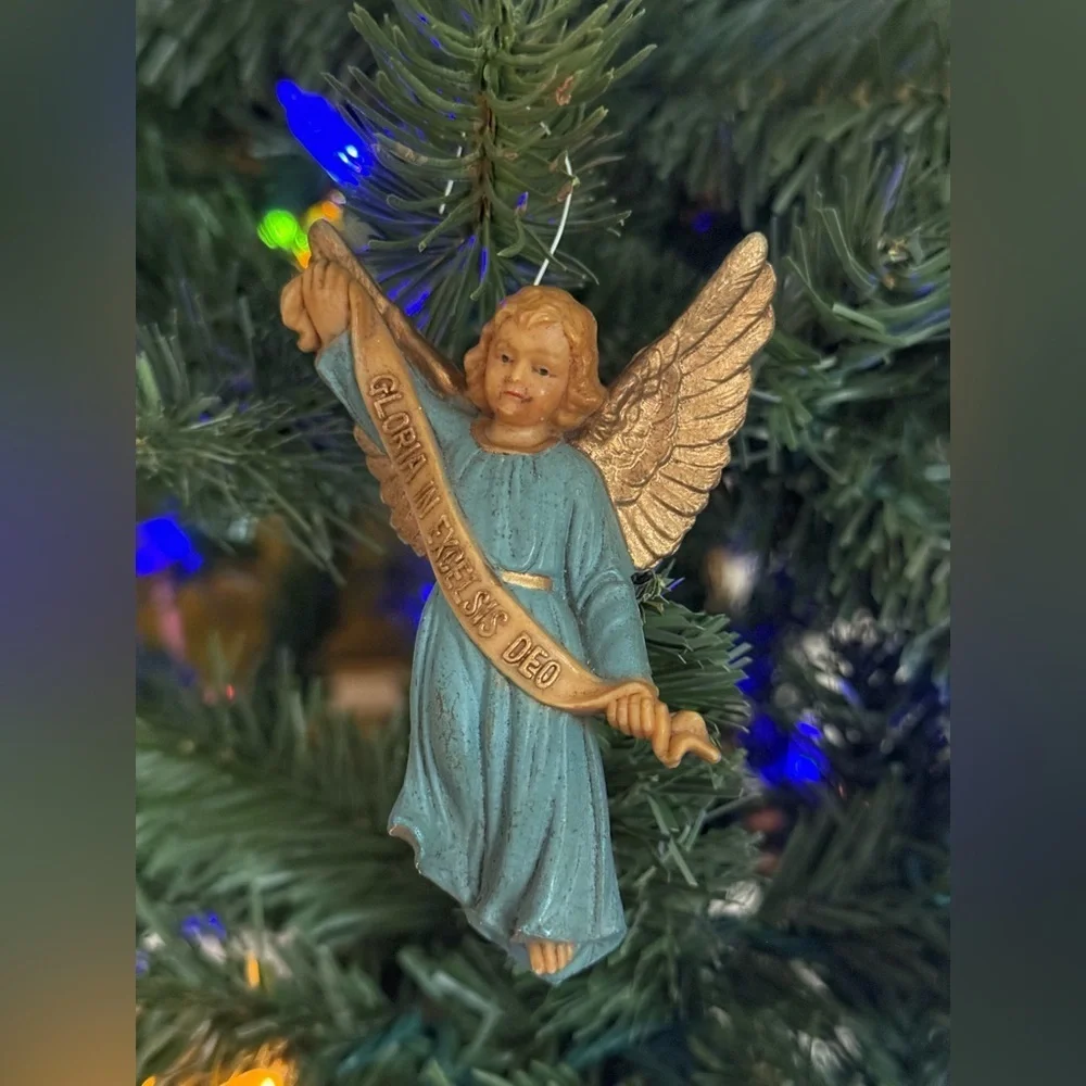 Vintage 1973 Gloria In Excelsis Deo Blue and Gold Angel Christmas Ornament